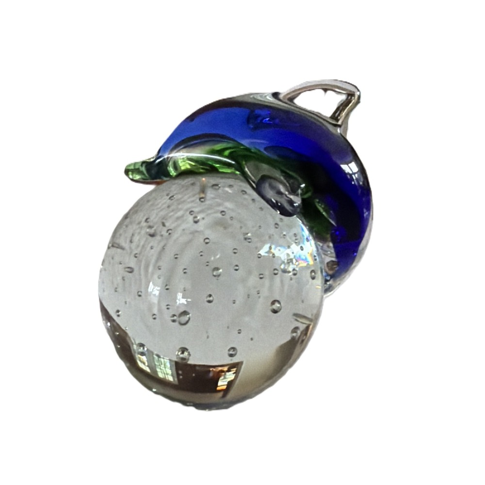 Vintage Glass Dolphin Paperweight Controlled Bubble Blue Green Nautical‎ Decor